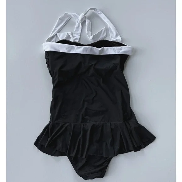 Lauren Ralph Lauren Women Swimsuit Sz 12 Black White Halter Skirted Ruched 1 Pc - Picture 6 of 15